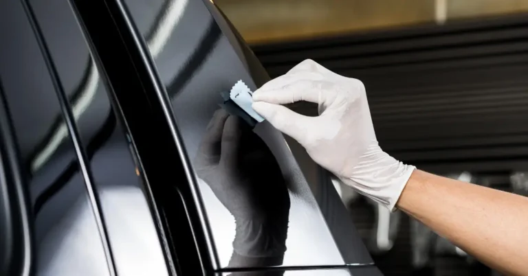 mão tirando um adesivo da lataria do carro