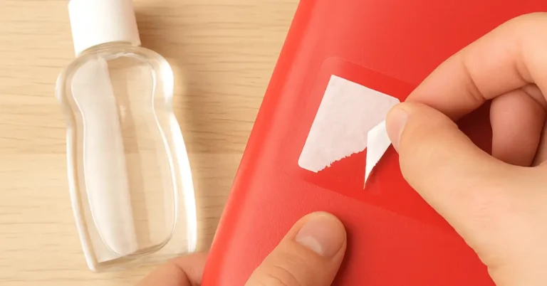 mão tirando cola de adesivo de um plástico vermelho