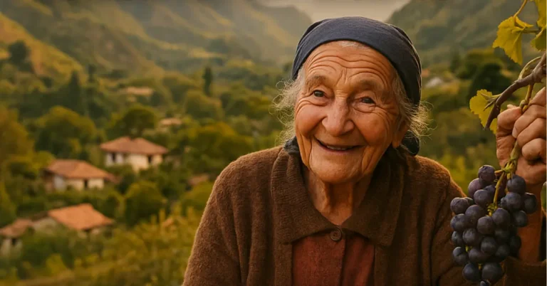 Senhora sorrindo no alto de uma montanha rodeada de natureza