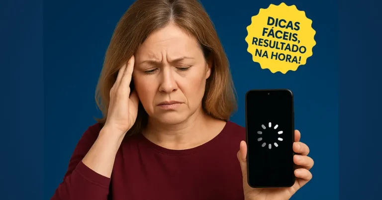 Celular travando, mulher com dor de cabeça por isso.