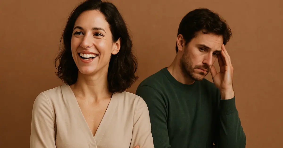 Mulher sorrindo despreocupada enquanto homem ao fundo demonstra tristeza e frustração.