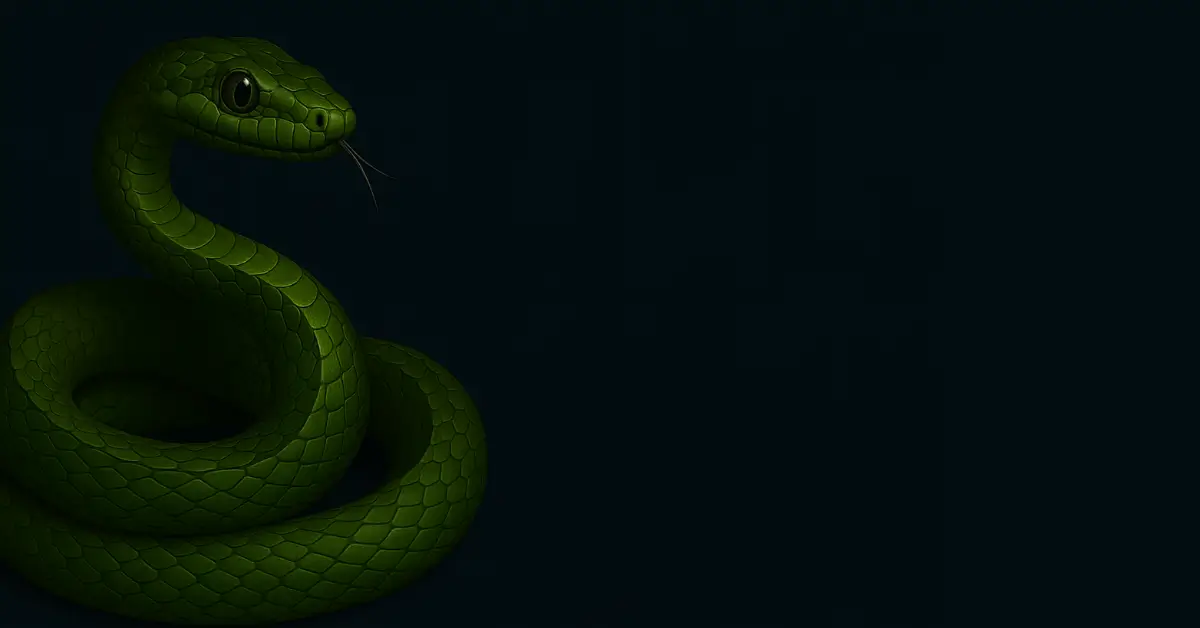 Cobra verde enrolada com olhar fixo ao lado de texto sobre os tipos de cobras e seus significados nos sonhos.
