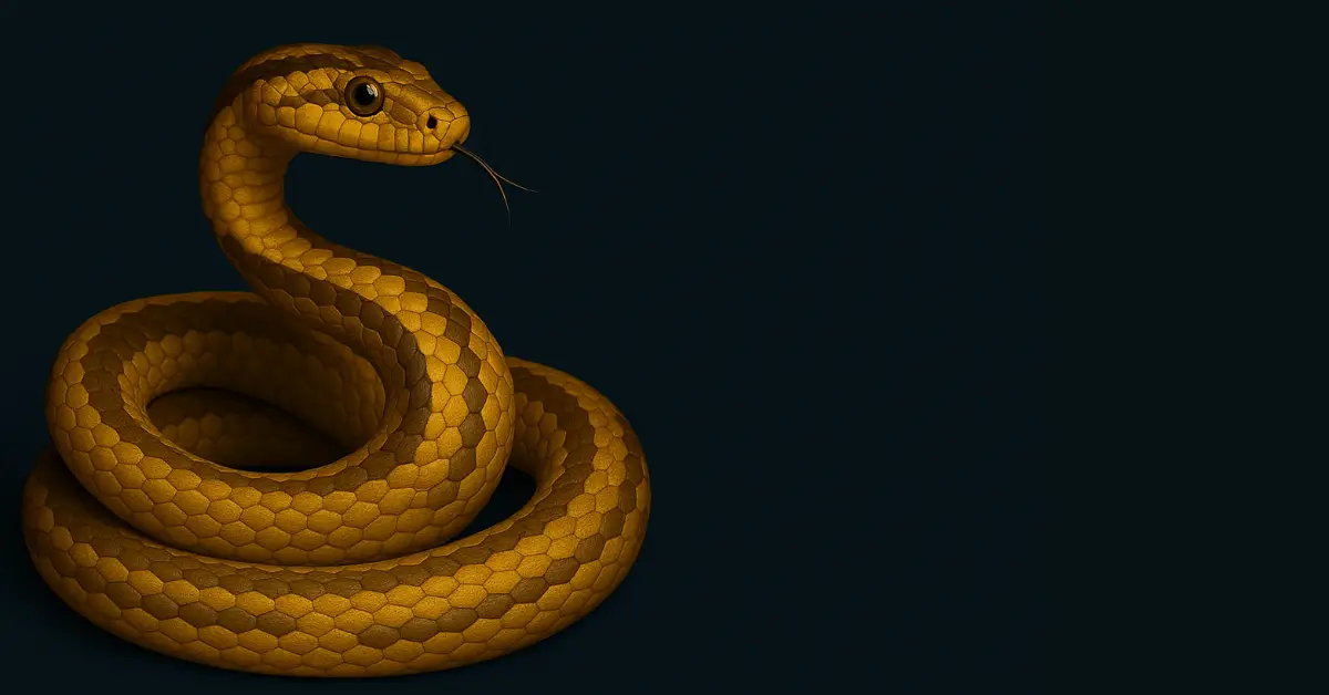 Cobra amarela enrolada com expressão atenta ao lado de texto sobre significados das cores das cobras nos sonhos.