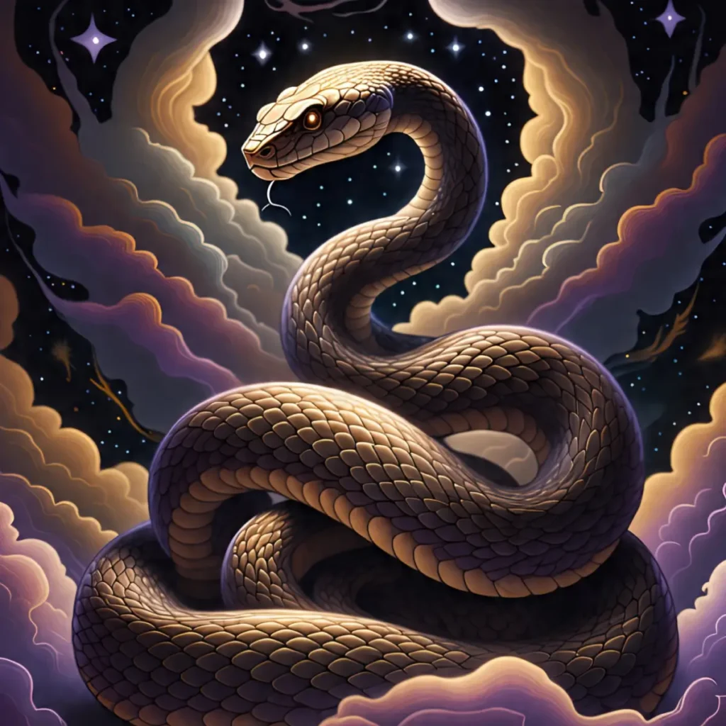 Cobra simbólica em ambiente onírico com nuvens e estrelas ao fundo, representando sonhos misteriosos e mensagens subconscientes.