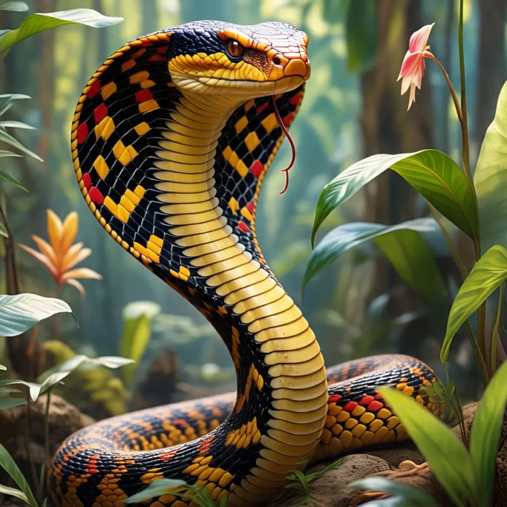 Cobra colorida erguida em posição defensiva em meio à vegetação, observando uma flor, representando os diferentes tipos de cobras em sonhos.