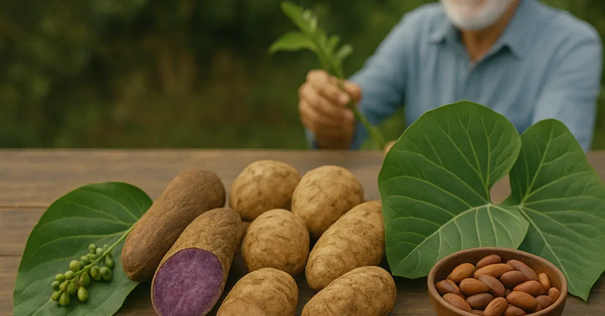Alimento saudáveis sobre uma bancada e uma pessoa ao fundo colhendo os alimentos.