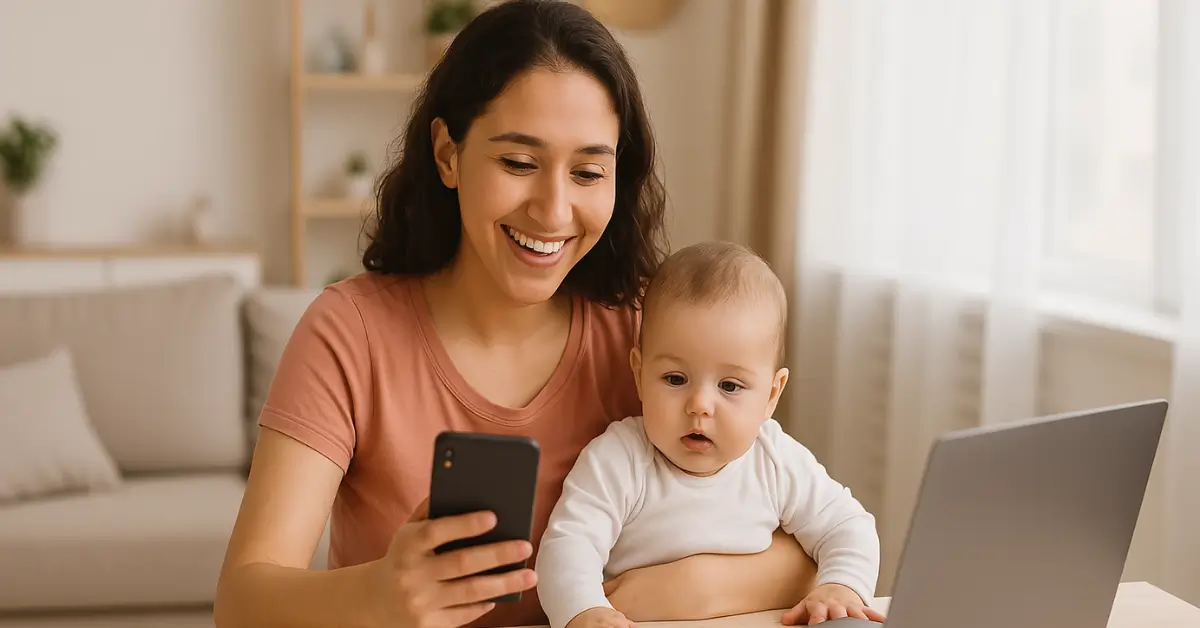 Mãe sorridente sentada em casa com o celular nas mãos, transmitindo leveza e empoderamento a trabalhar de casa.
